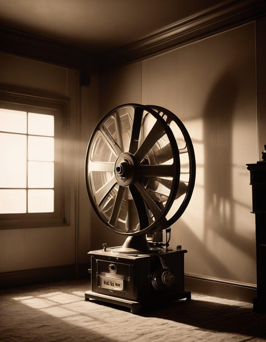 A magical and slightly mysterious film reel unraveling across a vintage cinema setting, with flickering black and white film scenes of classical films emerging from it. Dust motes float in the golden light of an old-fashioned projector, while shadows of iconic film characters dance on the walls. A faint ethereal glow surrounds the film reel, symbolizing the beauty in forgotten cinema. enchanting atmosphere. vintage style. sepia tones. cinematic lighting.