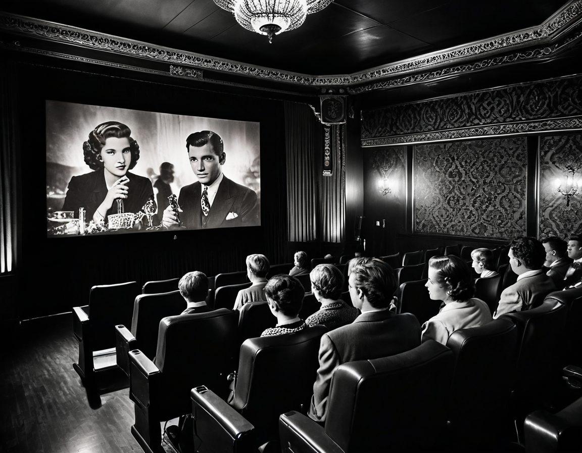 A dimly lit vintage cinema, adorned with ornate decorations and plush velvet seats, where the glow of an old film projector casts flickering shadows on faded movie posters of classic films. An audience of diverse people, lost in the nostalgia of film, with expressions of wonder and joy. A large screen showcases a black-and-white scene from a forgotten film, evoking a sense of romance and enchantment. Create an immersive ambiance with a hint of dust motes in the air. retro aesthetic. warm tones. soft focus.